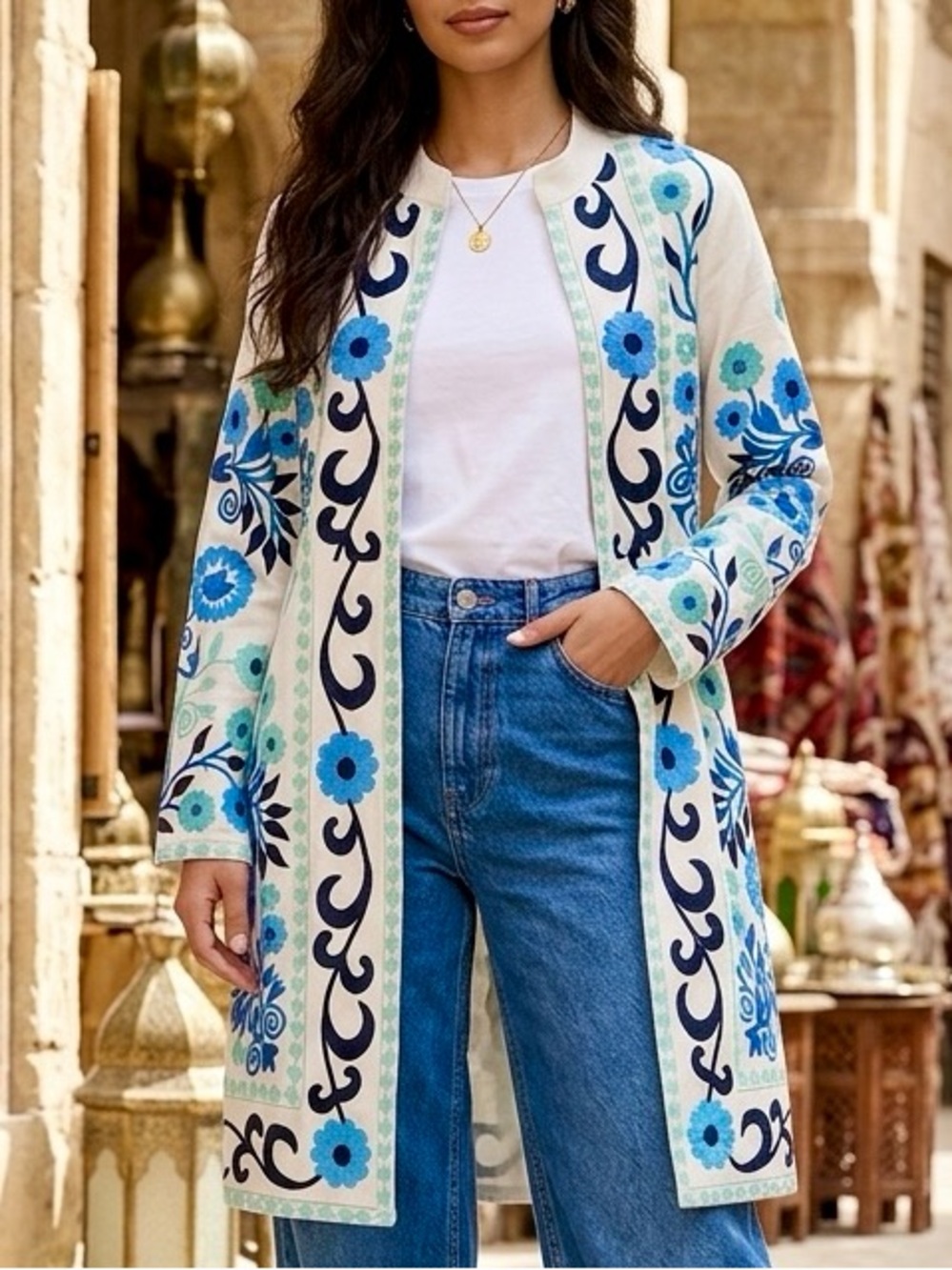Ruby Yaya Boston Proper White Blue Embroidered Jacket Topper Long Coat XS